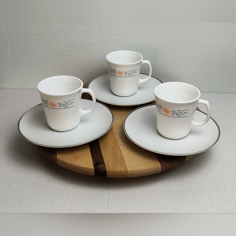 Set Of 3 Coffee Tea Cups & Saucers White Silver Floral Porcelain